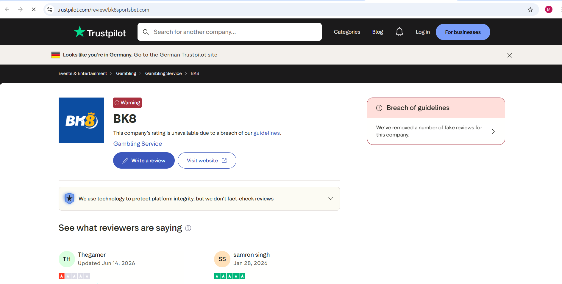 Trustpilot warning displayed on the BK8 review profile